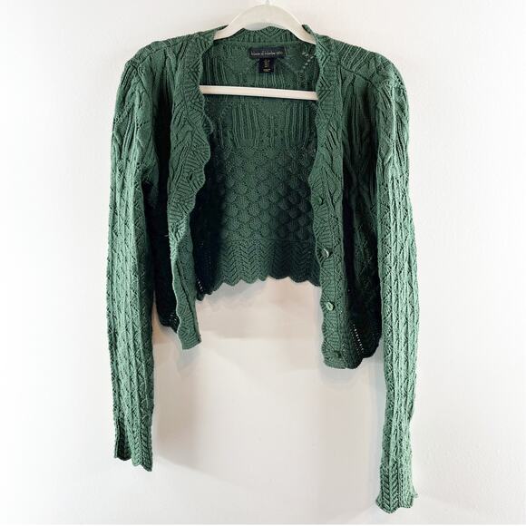 House of Harlow Long Sleeve Cropped Scalloped Cardigan Sweater Green Small - Picture 2 of 6